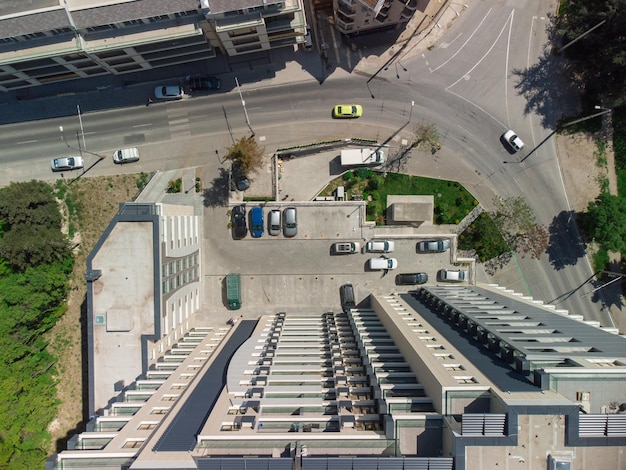 Aerial top down view of a modern office building