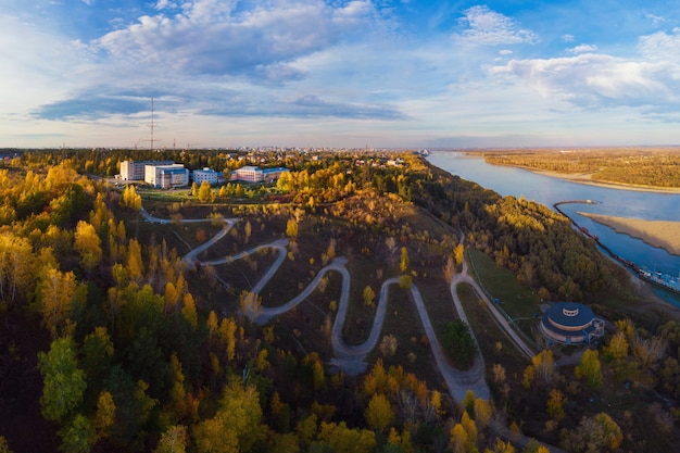 Aerial top vew of winding road in the city