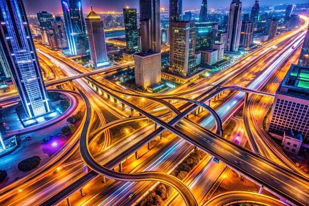 Aerial top view of amazing highway in Dubai neon color