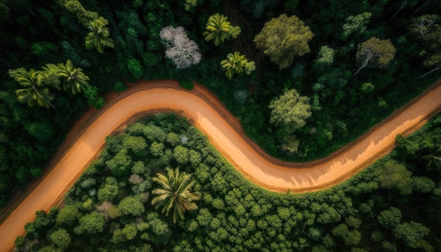 Aerial top view of asphalt road through green forest healthy rain forest environment Generative AI