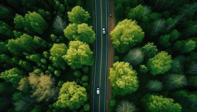 Aerial top view of asphalt road through green forest healthy rain forest environment Generative AI