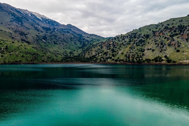 Aerial top view by drone of Kournas lake on Crete island Greece