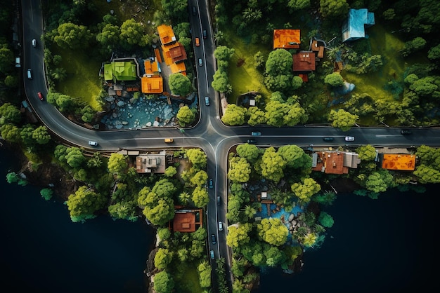 Aerial top view of a car in the road through a green forest from left to right Beautiful landscape