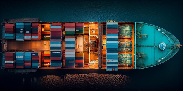 Aerial top view of cargo maritime ship with contrail in the ocean ship carrying container and running for export concept technology freight shipping by ship forwarder mast Generative Ai