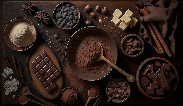 Aerial top view or chocolate making supplies