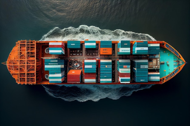 Aerial top view container cargo ship with contrail in the ocean ship carrying container