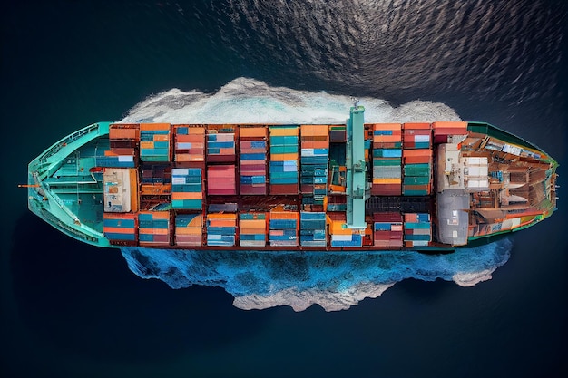 Aerial top view container cargo ship with contrail in the ocean ship carrying container