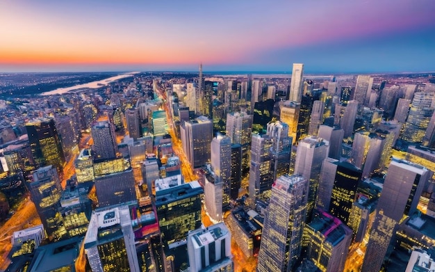 Aerial top view of downtown district buildings in night city light Bird's eye view from drone