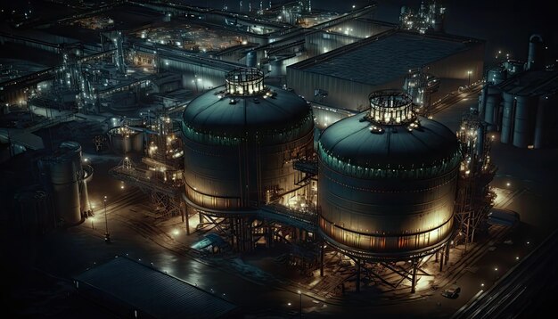 Aerial top view of factory station oil fuel storage tank petroleum refinery Generative AI