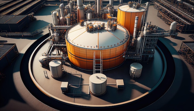 Aerial top view of factory station oil fuel storage tank petroleum refinery with Generative AI