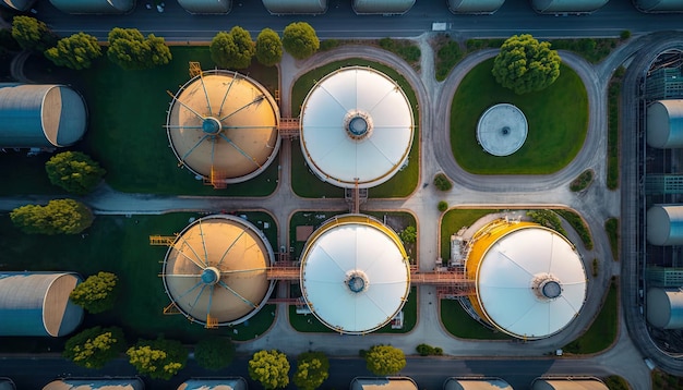 Aerial top view of factory station oil fuel storage tank petroleum refinery with Generative AI