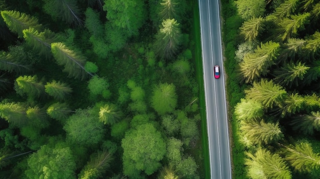 Aerial top view forest tree with car ecosystem environment concept Countryside road passing through the green forrest and mountain