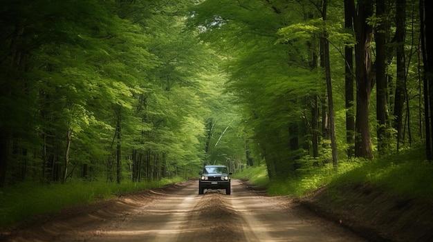 Aerial top view forest tree with car ecosystem environment concept Countryside road passing through the green forrest and mountain