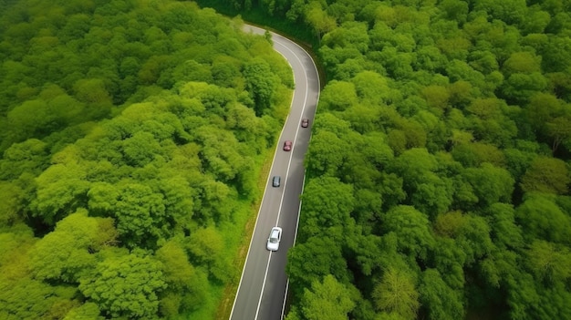 Aerial top view forest tree with car ecosystem environment concept Countryside road passing through the green forrest and mountain