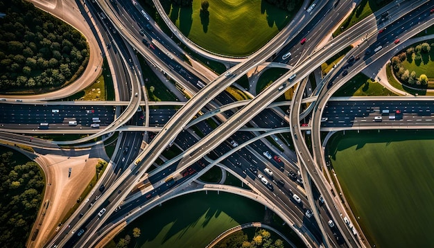 Aerial top view highway junction interchange road drone view of elevated road traffic junctions