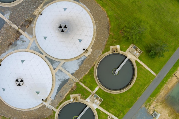 Aerial top view of infrastructure wastewater treatment plant filtration of dirty sewage water