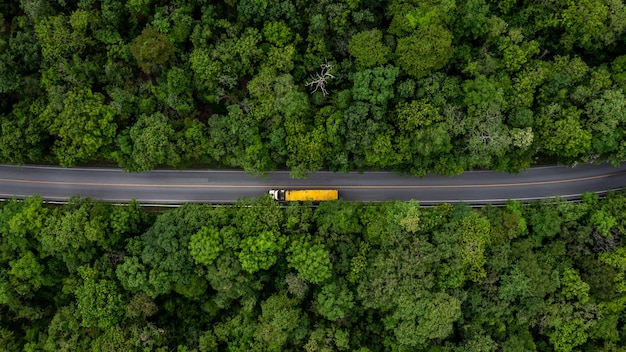 Aerial top view large freight transporter semi truck on the highway road Truck driving on asphalt road green forest Cargo semi trailer moving on road