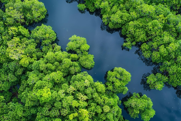 Aerial top view of mangrove forest Drone view of dense green mangrove trees captures CO2 Green trees