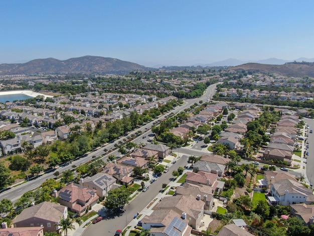 Aerial top view of middle class neighborhood with villas in South California USA