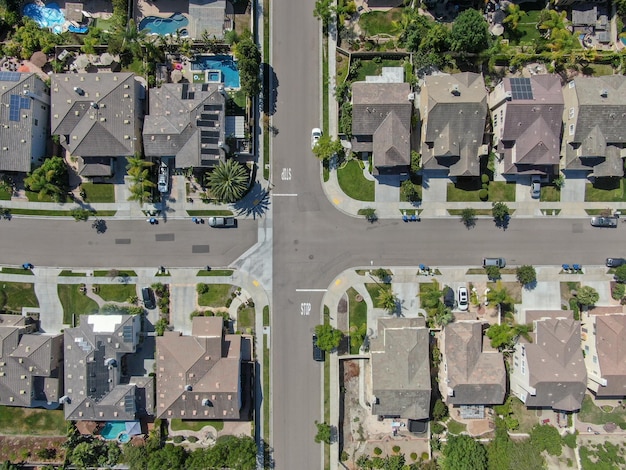 Aerial top view of middle class neighborhood with villas in South California USA