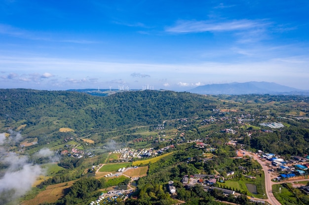 Aerial top view of Mountain and Mist in khao kho at the morning. Phetchabun Thailand.