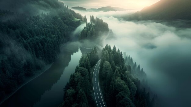 Aerial top view mountain road in dark green foggy forest