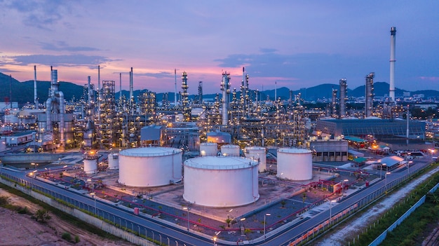 Aerial top view oil and gas chemical tank with oil refinery plant 