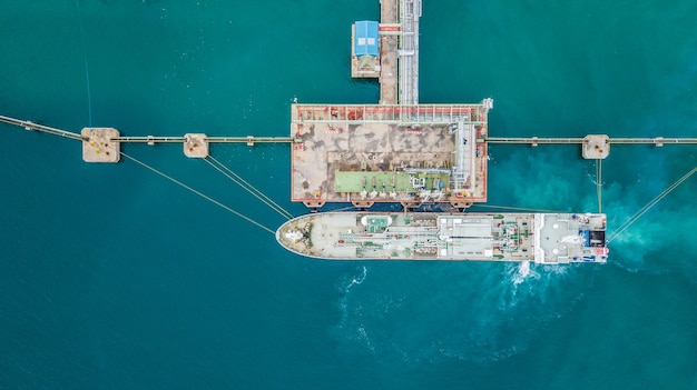 Aerial top view of oil tanker ship at the port