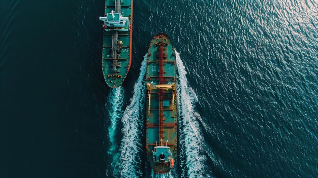 Aerial Top View of Oil Vessels Running at Full Speed