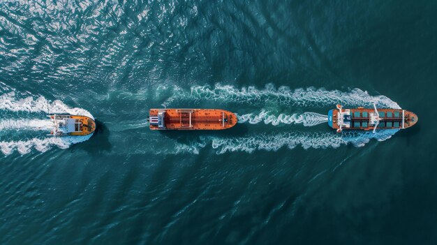 Photo aerial top view of oil vessels running at full speed