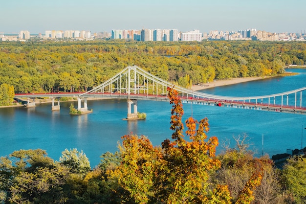 Aerial top view of pedestrian park bridge and river from above Big city High Over Island Modern Above Green Nature Architecture Landscape Top Sky Environment Cityscape Street