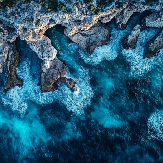 Photo aerial top view of rocky cliffs and blue sea water travel concept banner with ocean texture