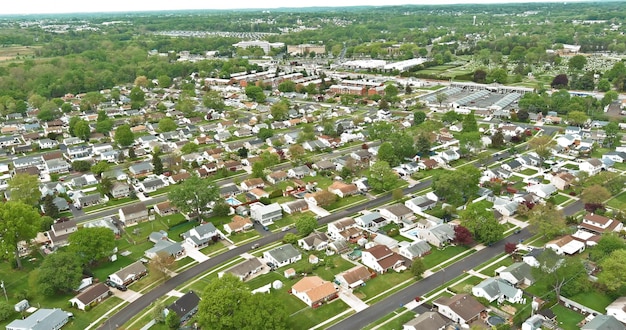 Aerial over top view seasonal american landscape beautiful small green town in bensalem pennsylvania