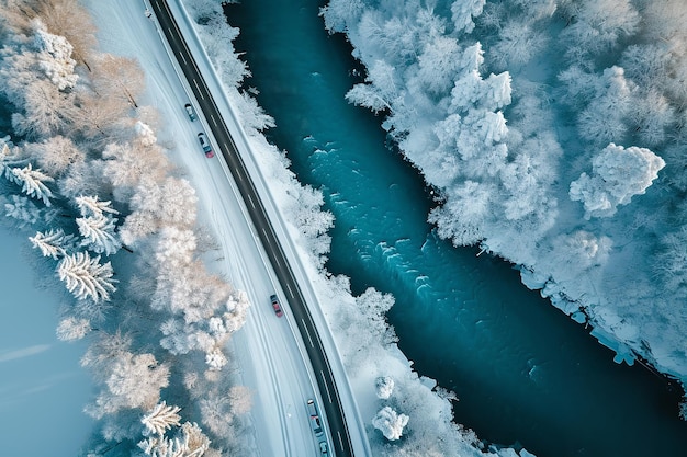 Aerial top view of snow winter road with cars over blue river