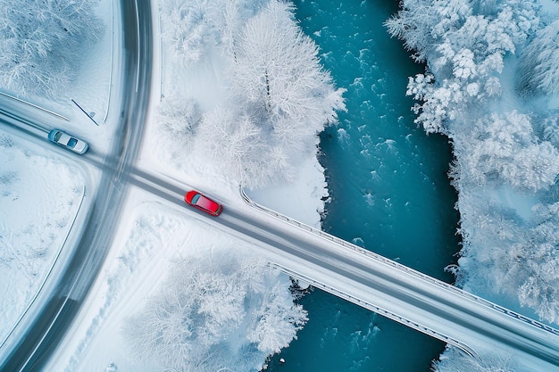 Aerial top view of snow winter road with cars over blue river