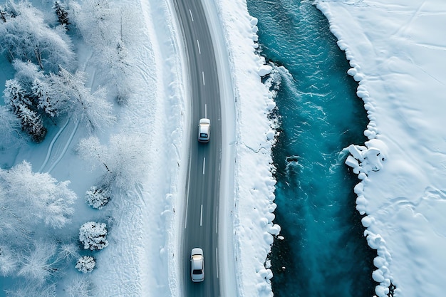 Aerial top view of snow winter road with cars over blue river