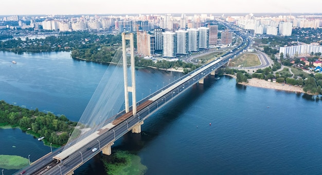 Aerial top view of South Bridge in Kyiv city from above Kiev skyline Ukraine