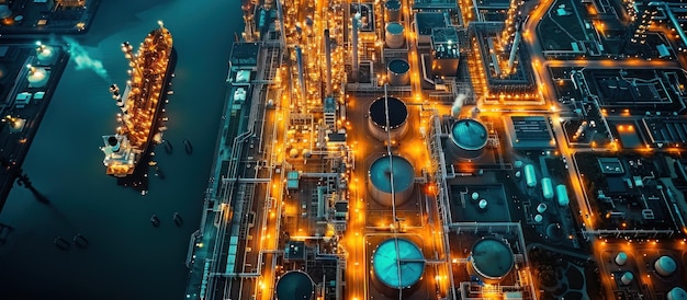 Aerial top view storage tank farm at night Tank farm storage chemical petroleum petrochemical