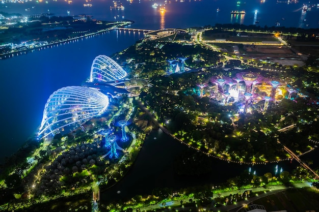 Aerial top view of super tree grove architecture at night in garden landmark