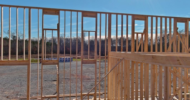 Aerial top view the timber frame beam framework house stick built home under construction new build