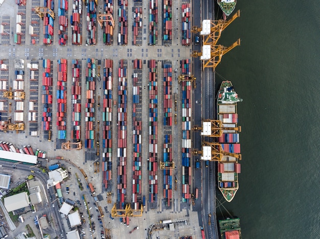 Aerial topdown shot of large bangkok shipping port