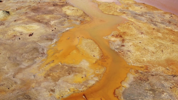 Aerial toxic river flowing from industrial plant pollutes forest and ground Dead trees on acid soil contaminated with heavy metals from copper mine