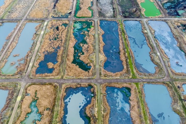 Aerial view of abandoned biological ponds and water treatment plant