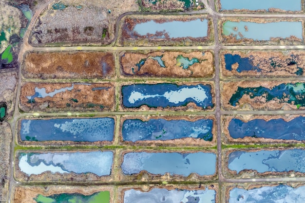 Aerial view of abandoned biological ponds and water treatment plant