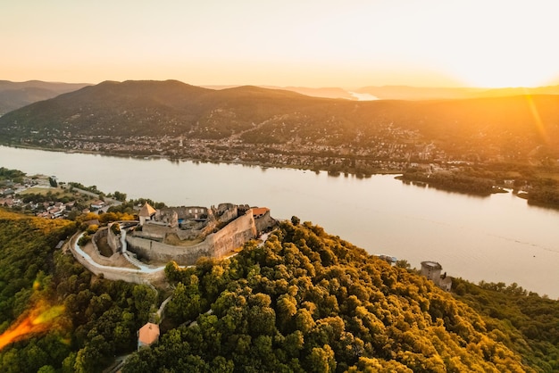 Aerial view about the Visegrad castle in Hungary near to Danube river and slovakia Hungarian name is Visegradi fellegvar Discover the beauties of Hungary castle