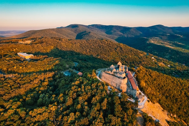 Aerial view about the Visegrad castle in Hungary near to Danube river and slovakia Hungarian name is Visegradi fellegvar Discover the beauties of Hungary castle