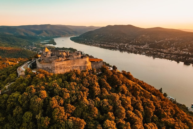 Aerial view about the Visegrad castle in Hungary near to Danube river and slovakia Hungarian name is Visegradi fellegvar Discover the beauties of Hungary castle