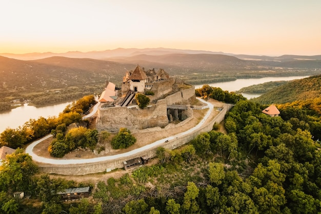 Aerial view about the Visegrad castle in Hungary near to Danube river and slovakia Hungarian name is Visegradi fellegvar Discover the beauties of Hungary castle