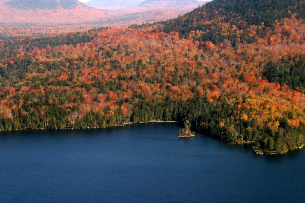 Aerial view of Acadia National Park with fall colors in New England, USA