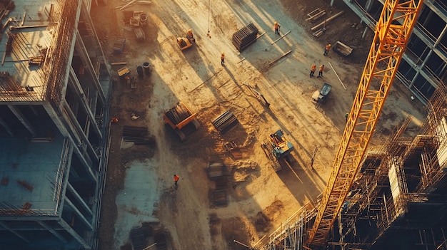 Aerial View of Active Construction Site with Cranes and Workers